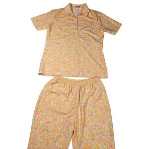 Vintage 70s‎ Floral Matching Set 2 Pc Button Up Wide Leg Pants Orange Peach XS